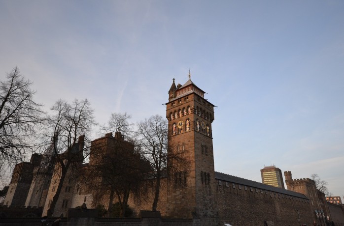 Cardiff castle clock tower wall
